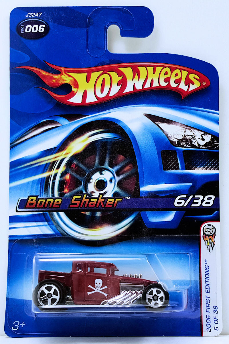 Hot Wheels 2006 - Collector # 006/223 - First Editions 06/38 - Bone Shaker  -Dark Red / Skull Crossbones - USA Card