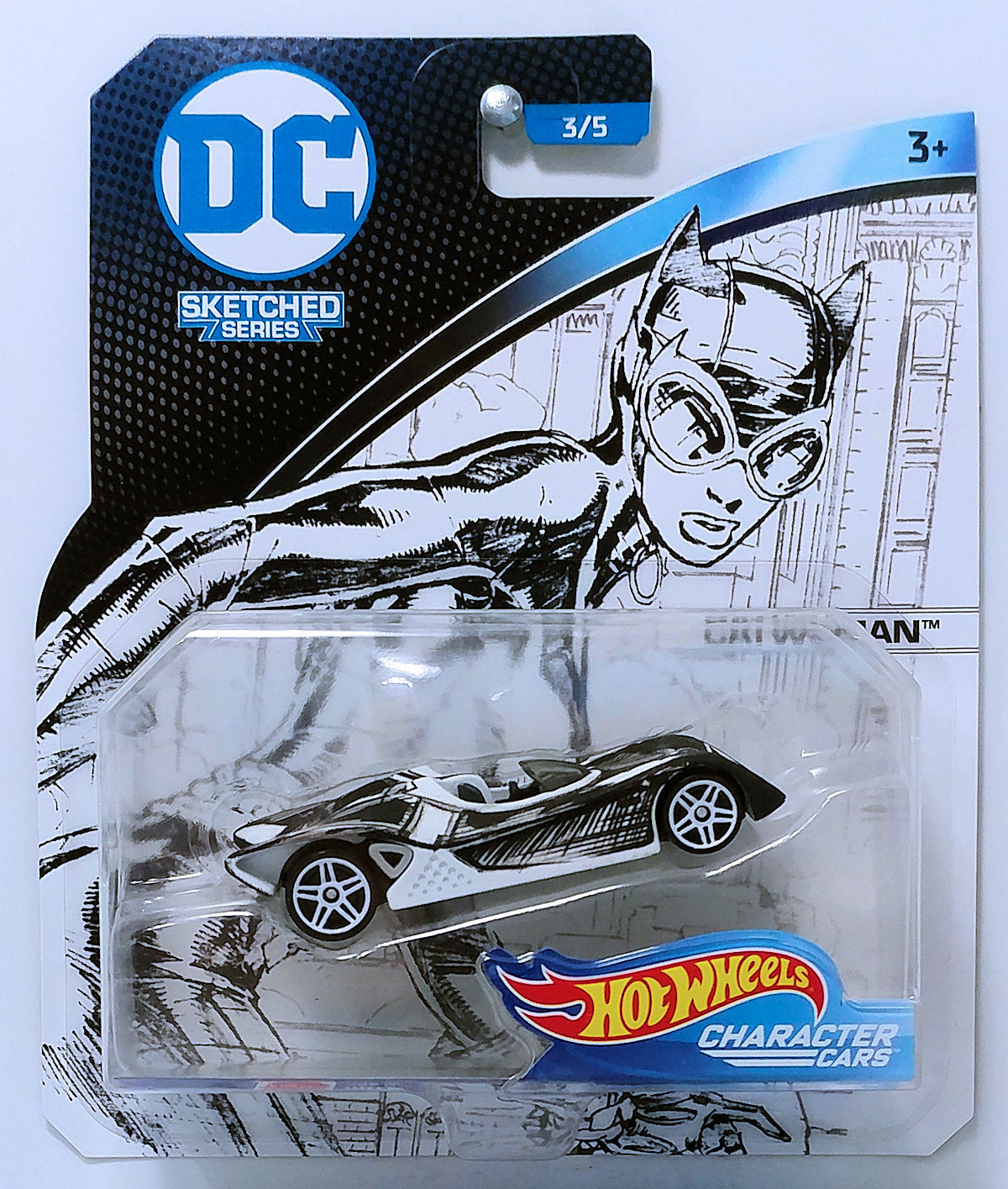 Hot Wheels 2018 DC Character Cars Sketched Series 3 5 Catwoman White Black Sketched Graphics