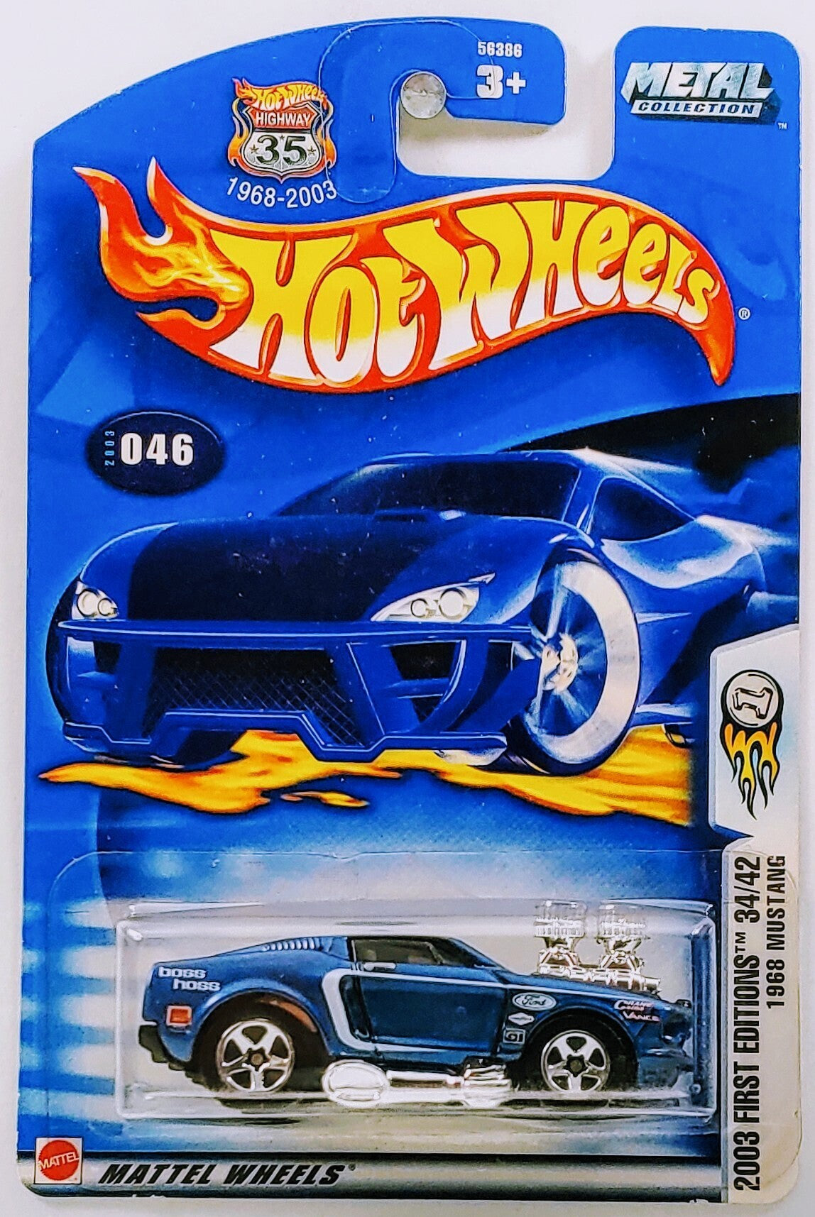 Hot Wheels 2003 Collector 046 220 First Editions 34 42 1968 Mustang Dark Blue Boss Hoss on Side Base