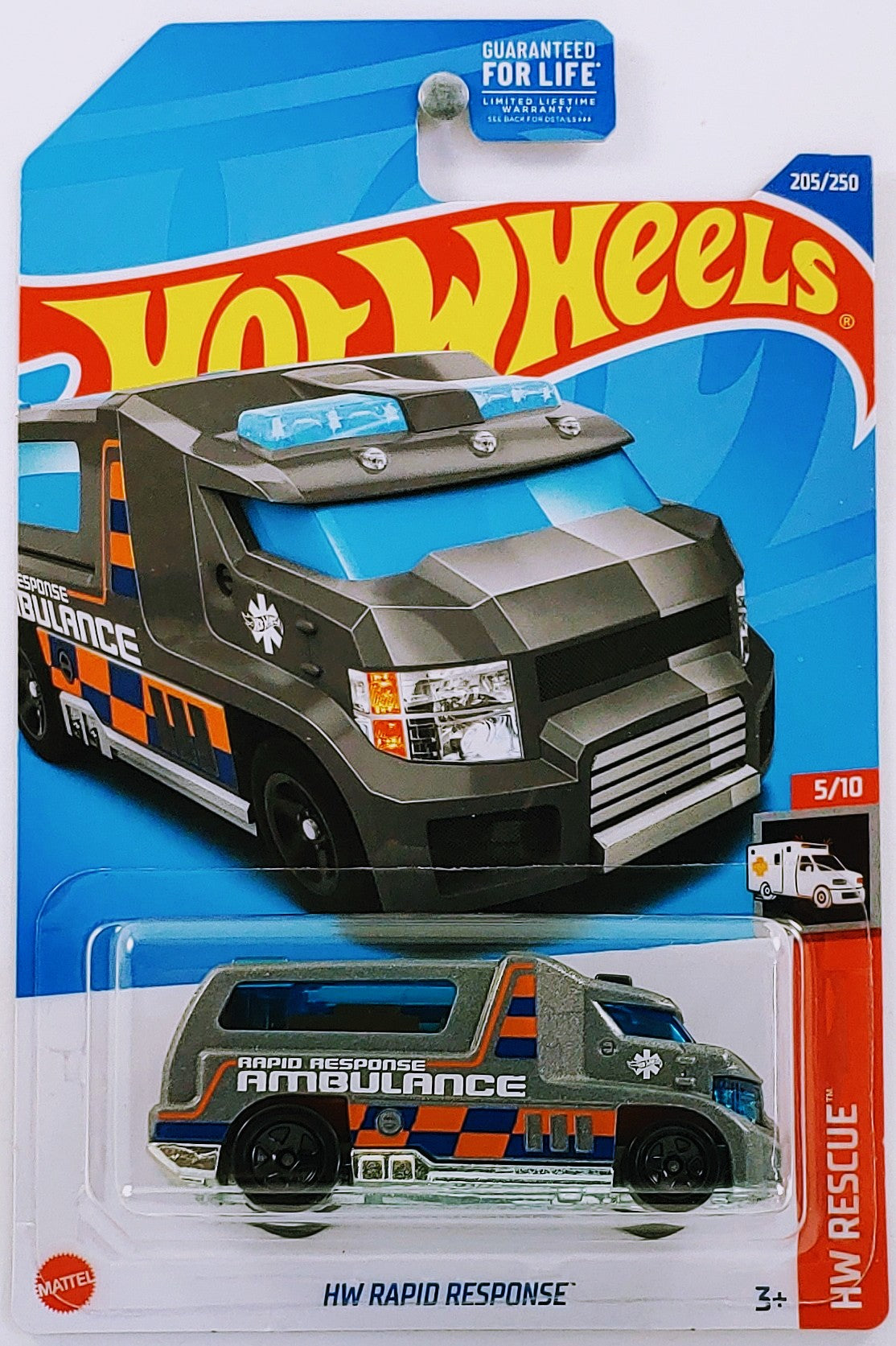 Hot Wheels 2022 Collector 205 250 HW Rescue 5 10 HW Rapid Response Metallic Gray Ambulance USA Card MPN HCX79