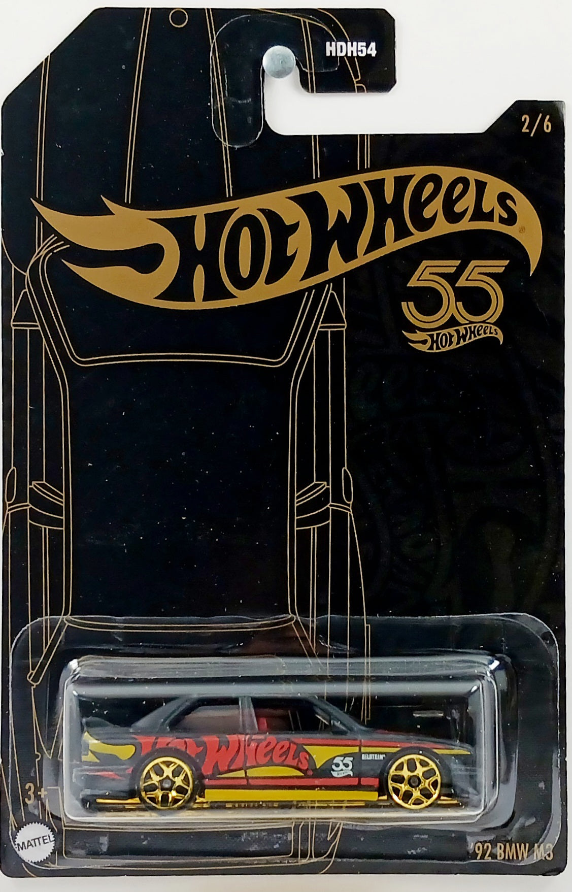 Hot Wheels 2023 Black and Gold 55th Anniversary 2 6 92 BMW M3 Matte Black Gold Y5 Wheels