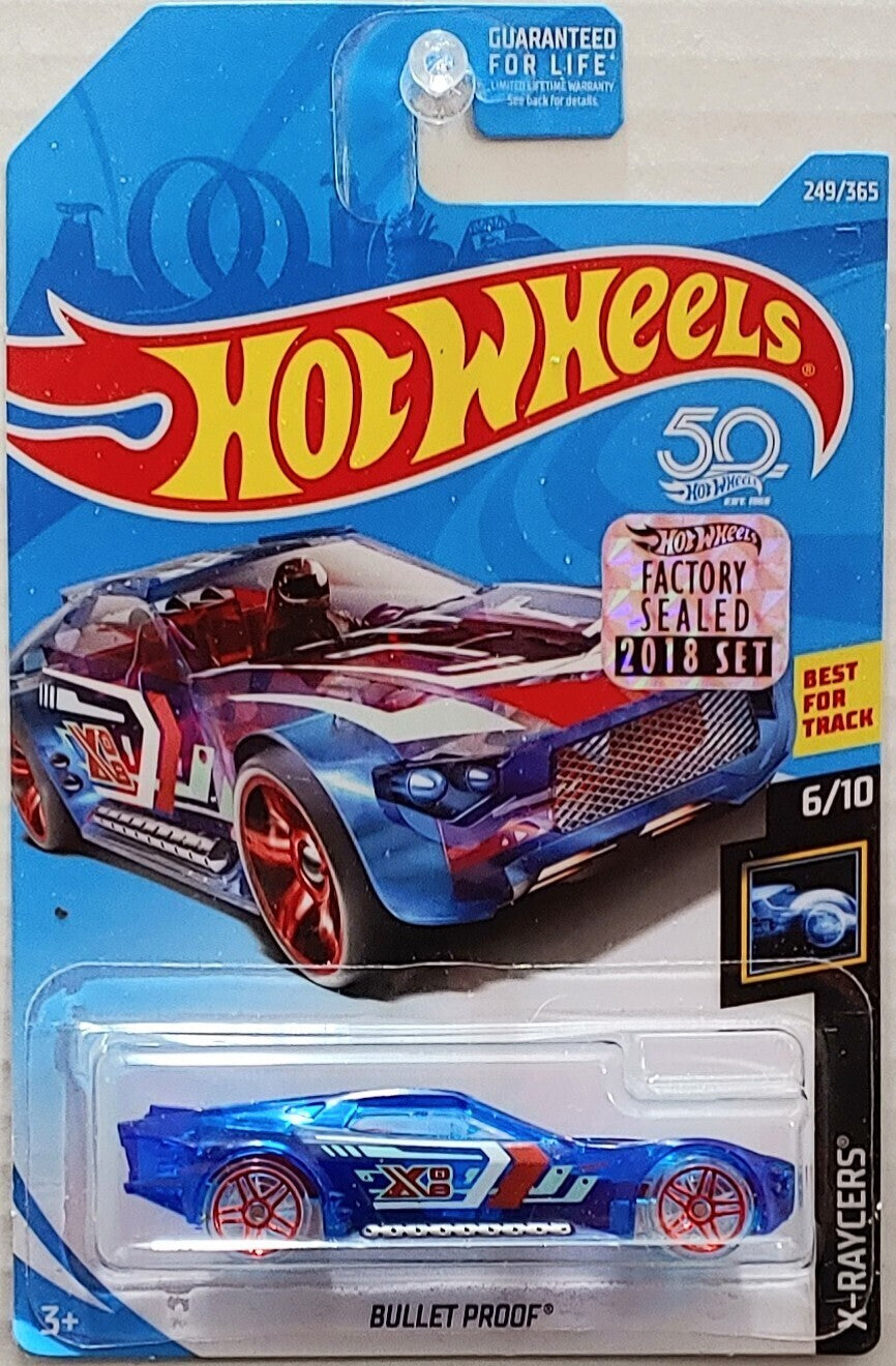 Hot Wheels 2018 Collector 249 365 X Raycers 6 10 Bullet Proof Transparent Blue USA 50th Card with Factory Sticker