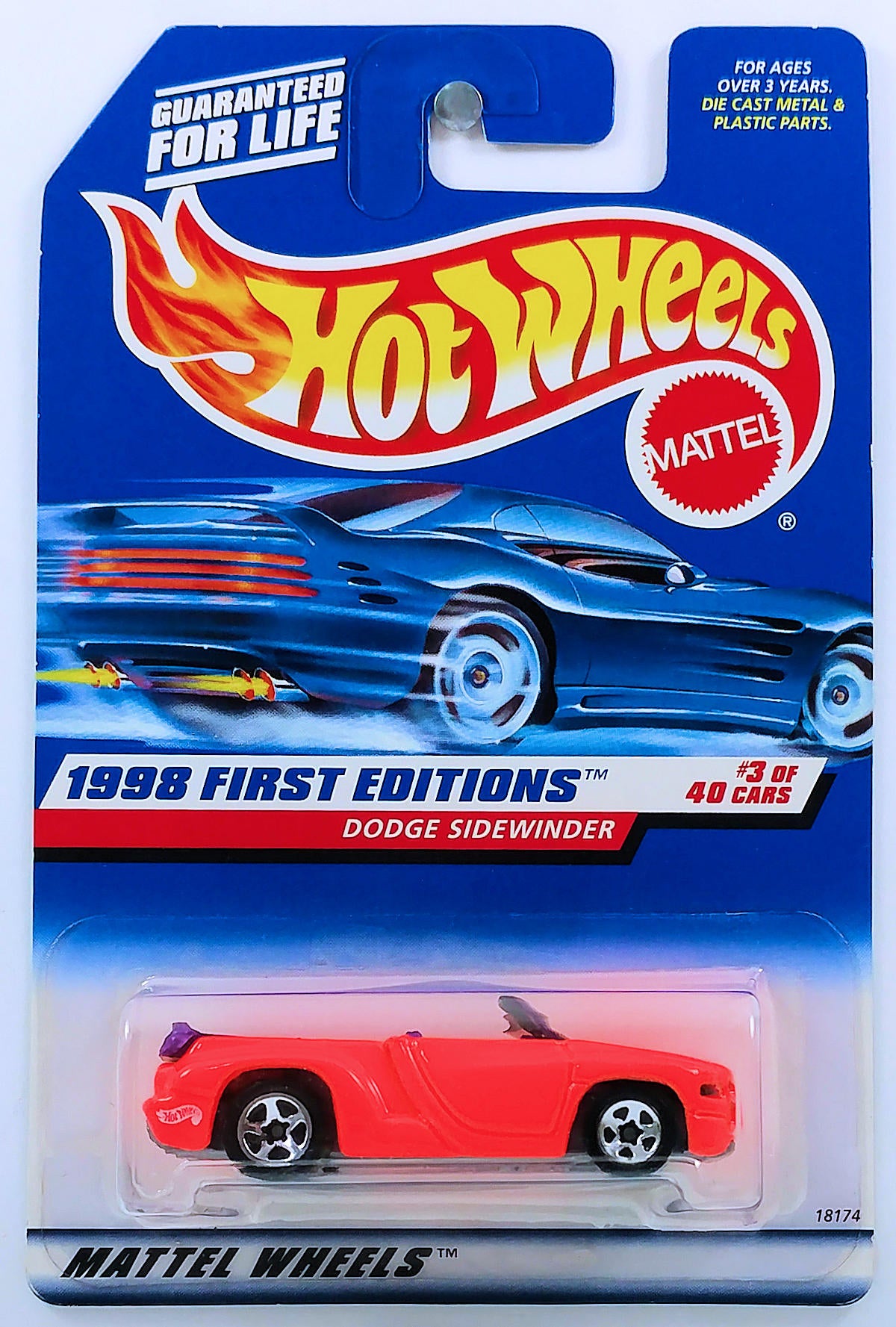 Hot Wheels 1998 Collector 634 First Editions 3 40 Dodge Sidewinder Bright Orange White HW Logo USA Blue Car Card