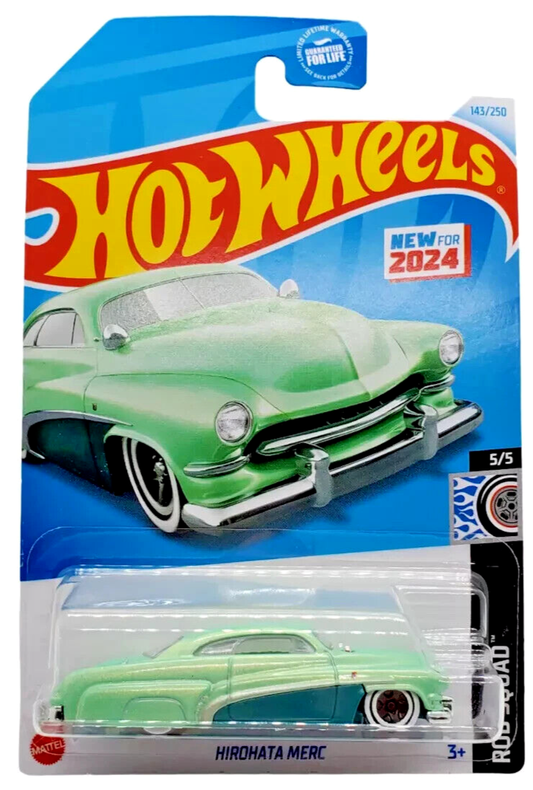 Hot Wheels 2024 - Collector # 143/250 - Rod Squad 5/5 - New Models - Hirohata Merc -  Seafoam Green - White Walls on 5 Spokes - USA Card