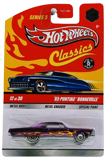 Hot Wheels 2009 - Classics Series 5 # 12/30 - '65 Pontiac Bonneville - Spectraflame Purple - Yellow & Orange Flames - Real Riders - Special Paint - Metal/Metal - CHASE - Foil Logo