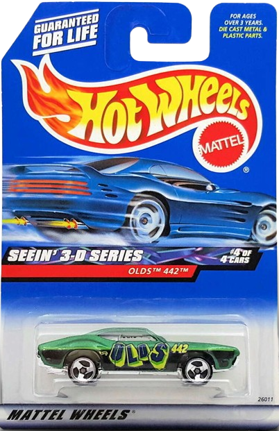 Hot Wheels 2000 - Collector # 012/250 - Seein' 3D Series 4/4 - Olds 442 - Green - 3 Spokes - USA 'Angled' Card