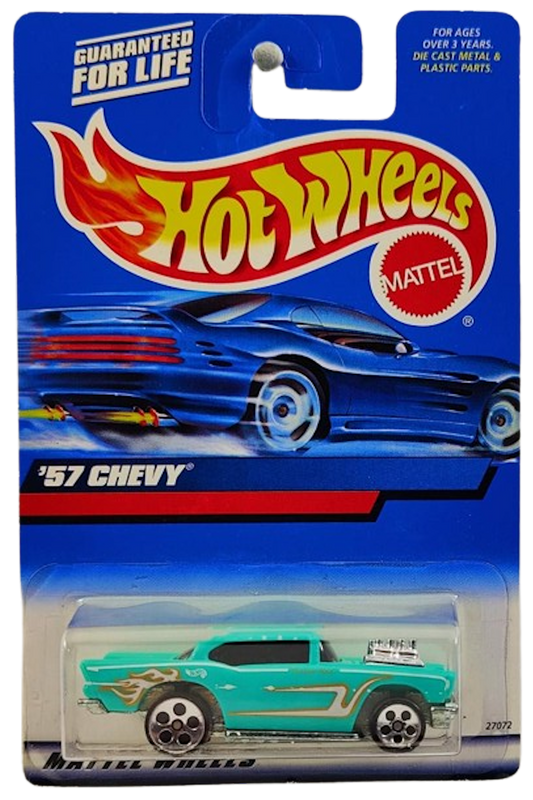 Hot Wheels 2000 - Collector # 105/250 - '57 Chevy - Turquoise / Scallops & Flames - 5 Dots - USA 'Square' Card