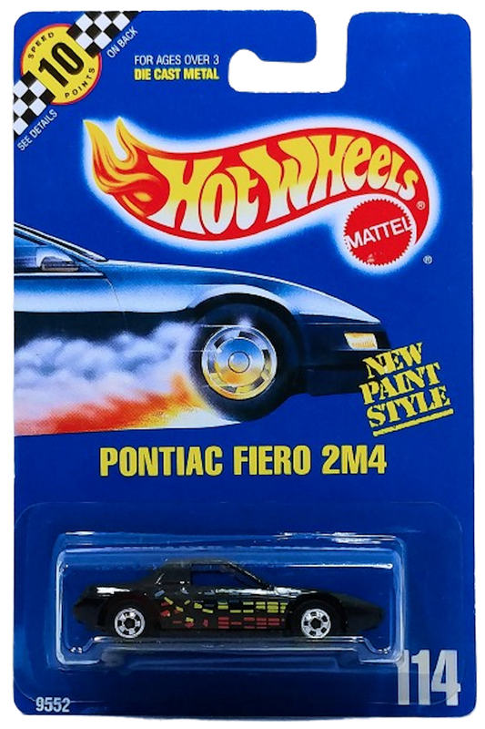 Hot Wheels 1991 - Collector # 114 - Pontiac Fiero 2M4 - Black - BW Wheels - Painted Metal Base - USA Blue Card with Speed Points