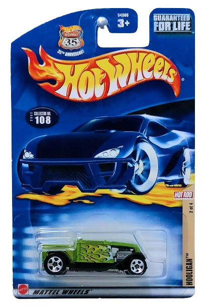 Hot Wheels 2002 - Collector # 108/240 - Hot Rod Magazine Series 2/4 - Hooligan - Green / Flames - USA '35th Anniversary' Card