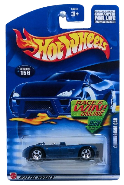 Hot Wheels 2002 - Collector # 156/240 - Cunningham C4R - Metallic Blue - China - USA 'Race & Win' Card