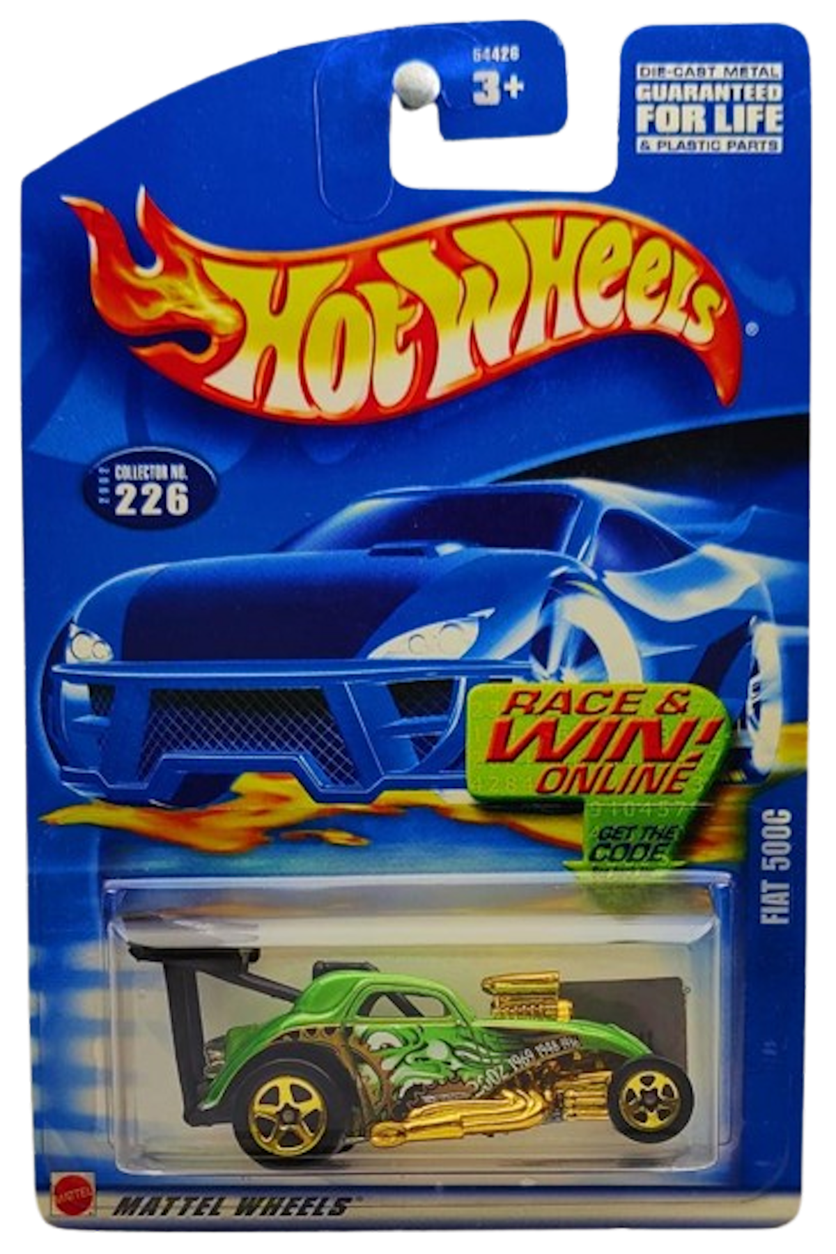 Hot Wheels 2002 - Collector # 226/240 - Fiat 500C - Lime Green - Gold 5 Spoke Wheels - USA 'Race & Win' Card