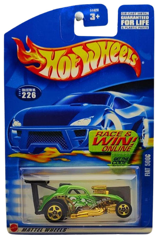 Hot Wheels 2002 - Collector # 226/240 - Fiat 500C - Lime Green - Gold 5 Spoke Wheels - USA 'Race & Win' Card