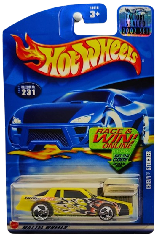 Hot Wheels 2002 - Collector # 231/240 - Chevy Stocker - Yellow - 3 Spokes - USA R&W Card with Factory Set Sticker