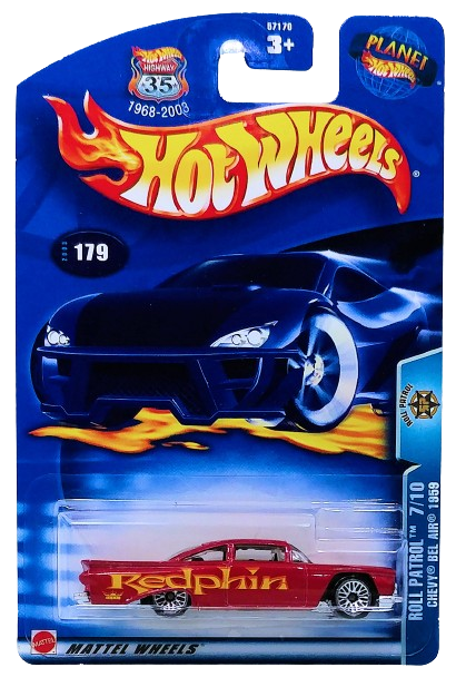 Hot Wheels 2003 - Collector # 179/220 - Roll Patrol 7/10 - Chevy Bel Air 1959 - Dark Red / Redphin - Wire Spoke Wheels - USA '1968-2003 Anniversary' Card