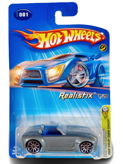 Hot Wheels 2005 - Collector # 001/183 - First Editions / Realistix 1/20 - Ford Shelby Cobra Concept - Gray / Short Racing Stripes - 10 Spoke Wheels - USA Card