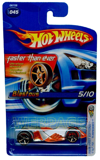 Hot Wheels 2005 - Collector # 045/183 - First Editions / Torpedoes 5/10 / Faster Than Ever - Blastous - White - FTE Wheels - USA Card with FTE Logo