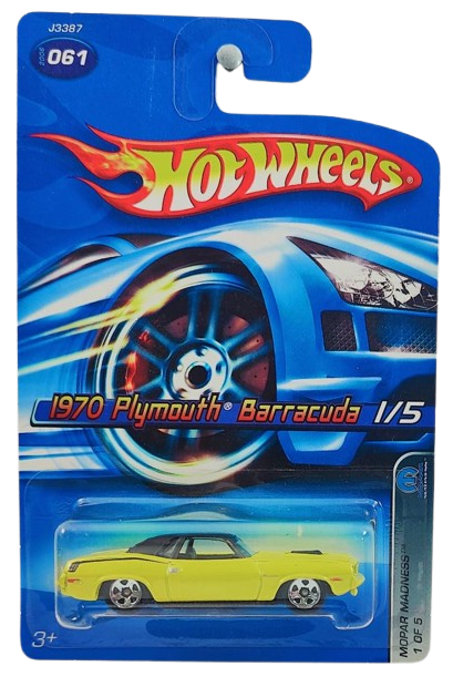 Hot Wheels 2006 - Collector # 061/223 - MOPAR Madness 1/5 - 1970 Plymouth Barracuda - Yellow / Black Roof - 5 Spoke Wheels - USA Card