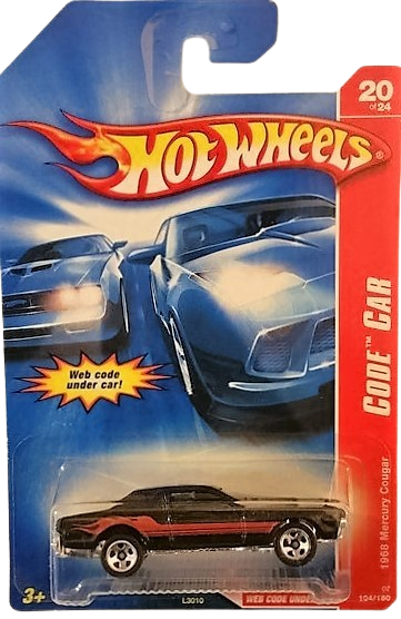 Hot Wheels 2007 - Collector # 104/180 - Code Car 20/24 - 1968 Mercury Cougar - Black with Red Stripes on Sides - USA Card