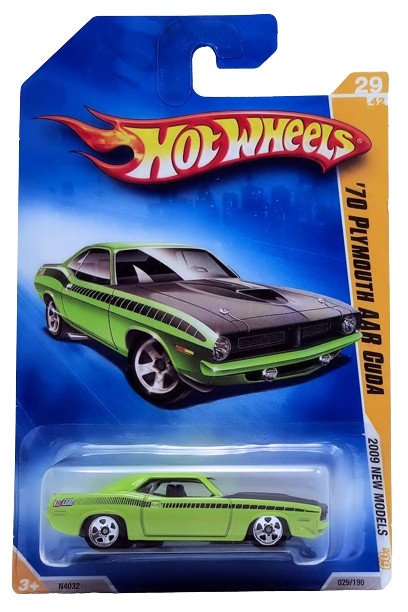 Hot Wheels 2009 - Collector # 029/190 - New Models 029/042 - '70 Plymouth AAR Cuda - Green / Black Hood - USA Card