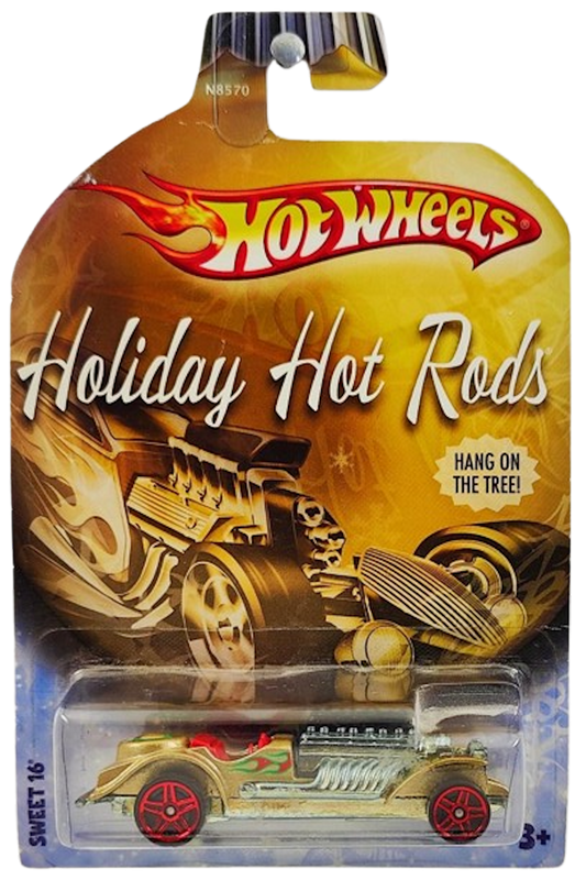 Hot Wheels 2009 - Theme / Holiday Hot Rods - Sweet 16 - Gold Metallic / Red & Green Flames - Red PR5 Wheels - Walmart Exclusive