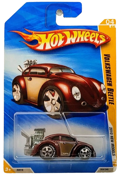 Hot Wheels 2010 - Collector # 004/240 - New Models 04/44 - Volkswagen Beetle (Tooned) - Dark Red - Good Year Lettered Tires - Walmart Exclusive - USA Card