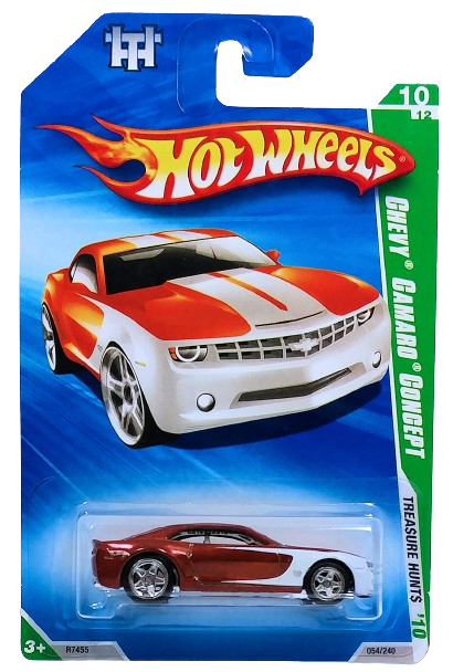 Hot Wheels 2010 - USA Collector # 054/240 - 'SUPER' Trea$ure Hunt$ 10/12 - Chevy Camaro Concept - Spectraflame Dark Orange & White - Real Riders - USA Card