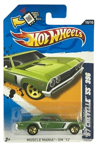 Hot Wheels 2012 - Collector # 110/247 - HW Showroom / Muscle Mania GM 10/10 - '67 Chevelle SS 396 - Metallic Green - USA Scan & Track Card