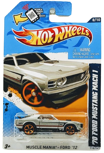 Hot Wheels 2012 - Collector # 118/247 - Muscle Mania 8/10 - '70 Ford Mustang Mach 1 - Metallic Gray - Toys R US Exclusive - USA 'Scan & Track' Card