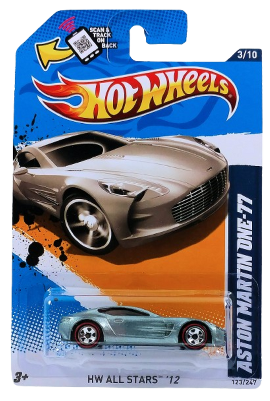 Hot Wheels 2012 - Collector # 123/247 - HW All Stars 3/10 - Aston Martin One-77 - Metallic Gray - 5 Spoke Wheels on Redlines - Walmart Exclusive - USA Card