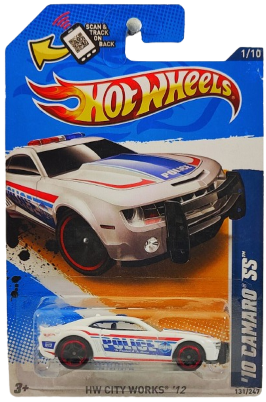 Hot Wheels 2012 - Collector # 131/247 - HW City Works 1/10 - '10 Camaro SS - White / Police - USA Scan & Track Card