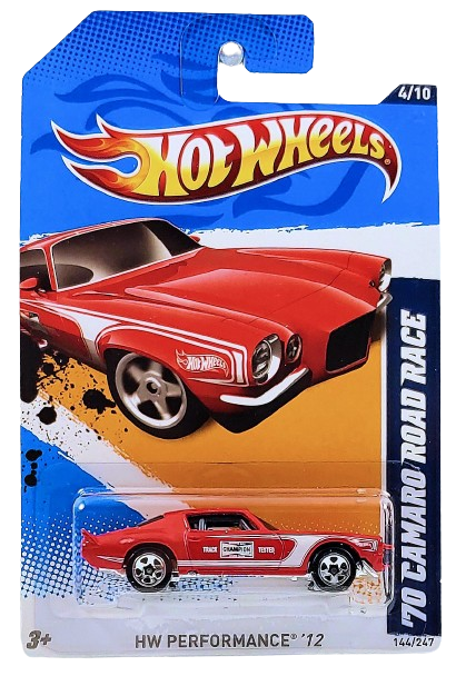 Hot Wheels 2012 - Collector # 144/247 - HW Performance 4/10 - '70 Camaro Road Race - Red / Champion Spark Plugs - USA Card