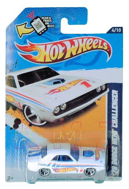 Hot Wheels 2012 - Collector # 174/247 - HW Racing 04/10 - '70 Dodge Hemi Challenger - White - '1' Hot Wheels Graphics - USA Track & Scan