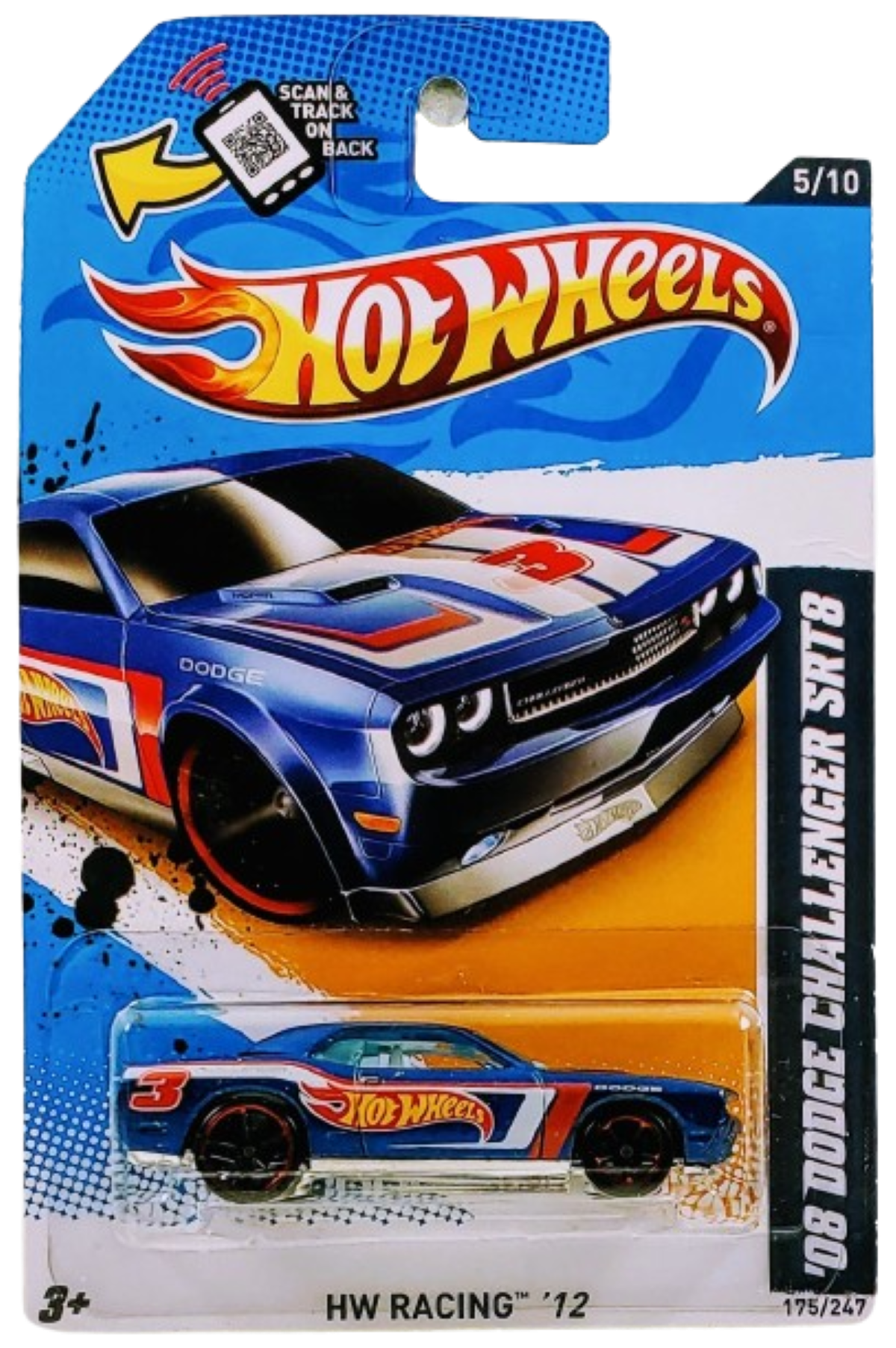 Hot Wheels 2012 - Collector # 175/247 - HW Racing 5/10 - '08 Dodge Challenger SRT8 - Blue / Hot Wheels # 3 - USA Card