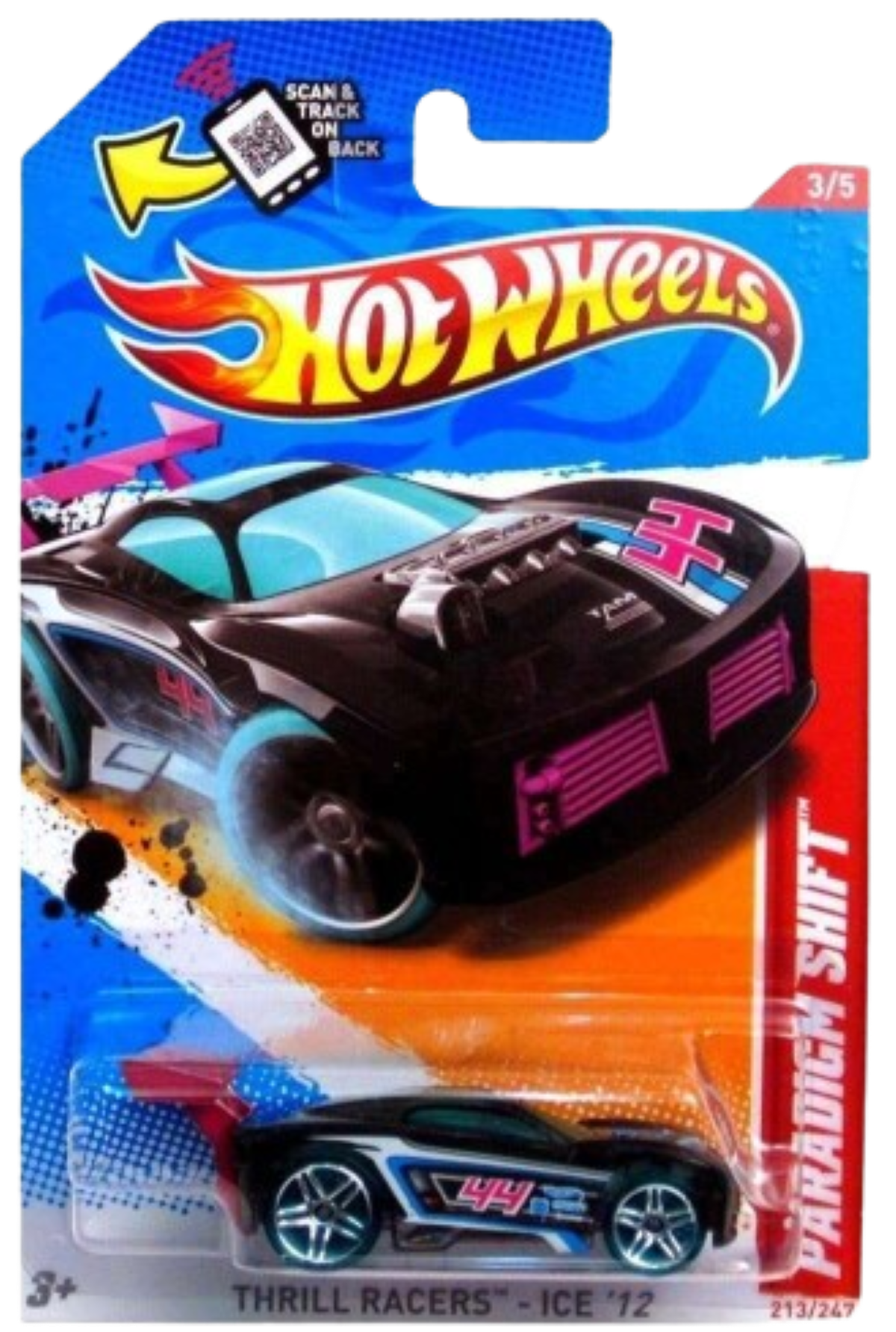 Hot Wheels 2012 - Collector # 213/247 - Thrill Racers / Ice 3/5 - Paradigm Shift - Black / # 44 - Transparent Blue Tires - USA Card