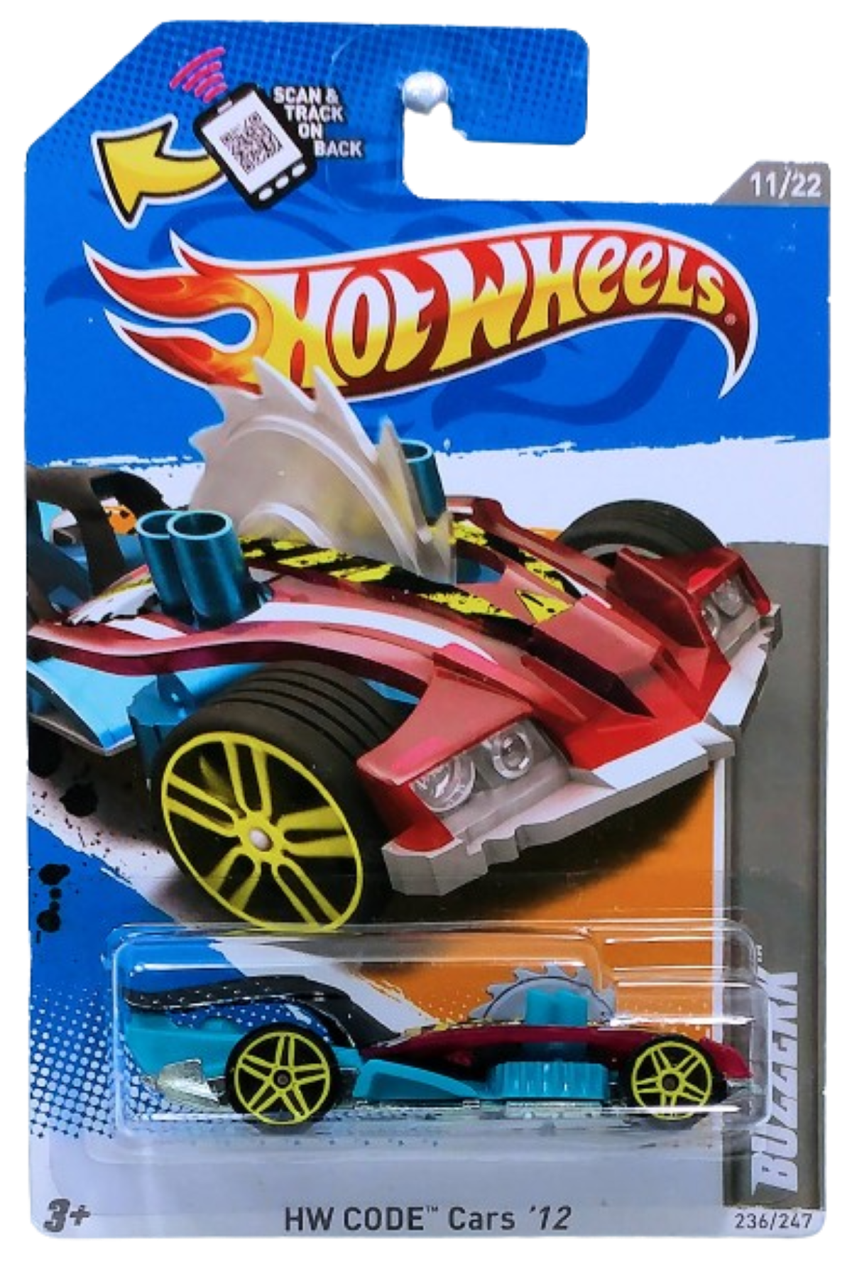 Hot Wheels 2012 - Collector # 236/247 - HW Code Cars 11/22 - Buzzerk - Red, Blue & Black - Yellow PR5 Wheels - USA Scan & Track Card