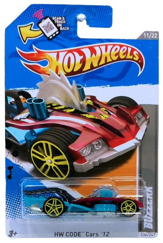 Hot Wheels 2012 - Collector # 236/247 - HW Code Cars 11/22 - Buzzerk - Red, Blue & Black - Yellow PR5 Wheels - USA Scan & Track Card