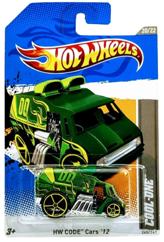 Hot Wheels 2012 - Collector # 245/247 - HW Code Cars 20/22 - Cool-One - Green / #00 - Yellow OH5SP Wheels - USA Card