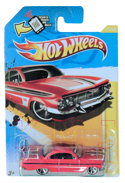 Hot Wheels 2012 - Collector # 037/247 - New Models 37/50 - '61 Impala - Dark Red / Windshield Banner - '409' / White Stripes - Walmart Exclusive - USA Card