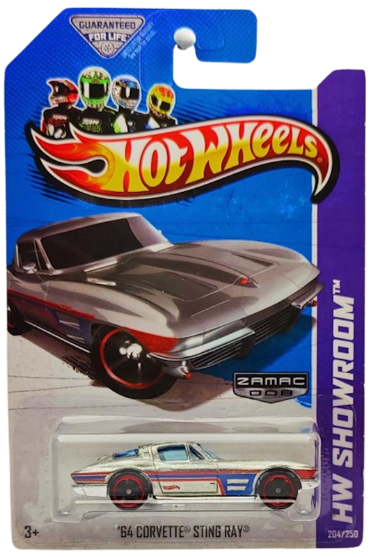 Hot Wheels 2013 - Collector # 204/250 - HW Showroom / Corvette 60th / ZAMAC 008 - '64 Corvette Sting Ray - ZAMAC - Walmart Exclusive - USA Card