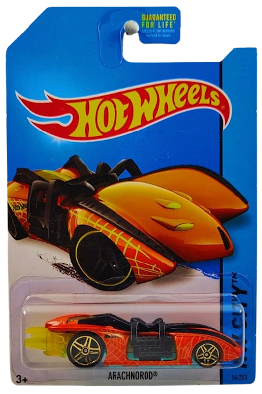 Hot Wheels 2014 - Collector # 054/250 - HW City / Street Beasts - Arachnorod - Orange with Yellow Web - Gold PR5 Wheels - Black Spider - USA Card