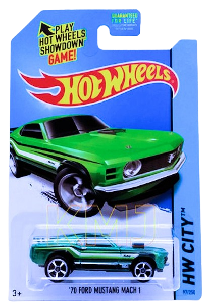 Hot Wheels 2014 - Collector # 097/250 - HW City / Mustang 50th - '70 Ford Mustang MACH 1 - Metalflake Green / White Stripes - M5 Wheels - USA Card