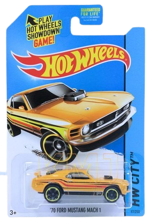 Hot Wheels 2014 - Collector # 097/250 - HW City / Mustang 50th - '70 Ford Mustang MACH 1 - Yellow / Red & Black Stripes - M5 Wheels - USA Card