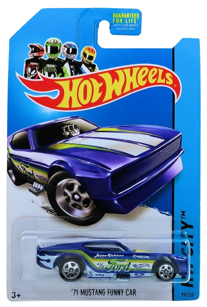 Hot Wheels 2014 - Collector # 099/250 - HW City / Mustang 50th - '71 Mustang Funny Car - Blue / Various Race Decals - 5 Spoke Wheels - USA Card