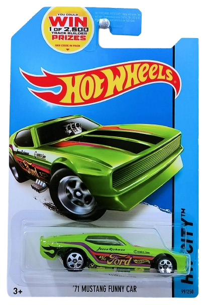 Hot Wheels 2014 - Collector # 099/250 - HW City / Mustang 50th - '71 Mustang Funny Car - Lime Green / Various Race Decals - 5 Spoke Wheels - USA 'WIN' Card