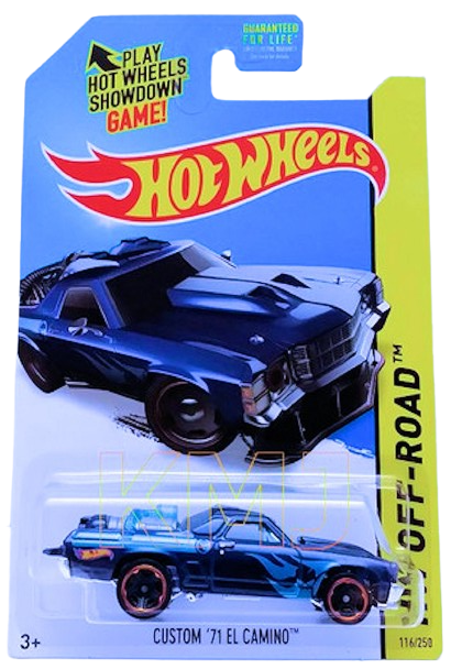 Hot Wheels 2014 - Collector # 116/250 - HW Off-Road / Hot Wheels Test Facility / Treasure Hunts - Custom '71 El Camino - Metalflake Blue / Circle Flame Logo on Sides - M5 Wheels - USA Card