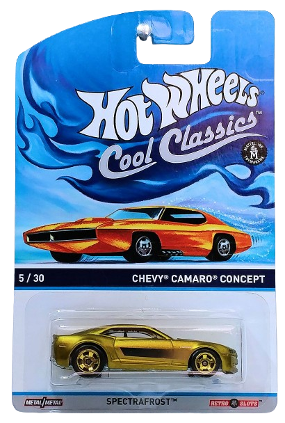 Hot Wheels 2014 - Cool Classics 05/30 - Chevy Camaro Concept - Spectrafrost Gold - Metal/Metal & Retro Slots - Orange Car Card