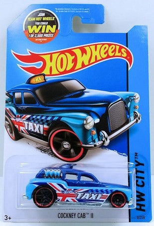 Hot Wheels 2015 - Collector # 008/250 - HW City / HW City Works - Cockney Cab II - Dark Blue Roof & Light Blue Body / Union Jack & Taxi Graphic - USA Card