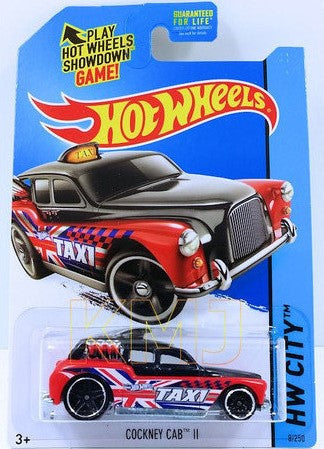 Hot Wheels 2015 - Collector # 008/250 - HW City / HW City Works - Cockney Cab II - Black Roof & Red Body / Union Jack & Taxi Graphic - USA Card