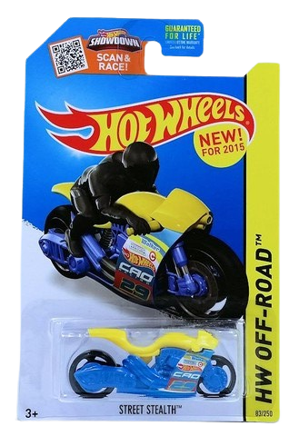 Hot Wheels 2015 - Collector # 083/250 - HW Off-Road / HW Moto - Street Stealth (Motorcycle) - Yellow over Blue - USA 'Showdown' Card