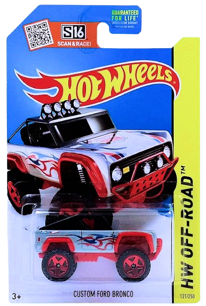 Hot Wheels 2015 - Collector # 121/250 - HW Off-Road / HW Hot Trucks - Custom Ford Bronco - Silver / Red Fenders & Base - USA 'Scan & Race' Card